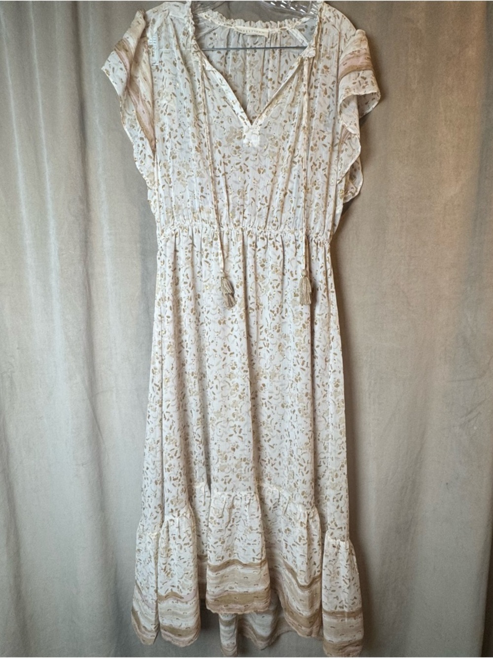 lovestitch Cream Floral Maxi Dress with Tassel Tie dressy Boho Ruffle flowy Gold